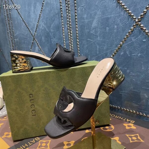 Gucci Unisex Interlocking G Cut-Out Sandal Black Leather Mid-Heel 5 cm Heel (11)