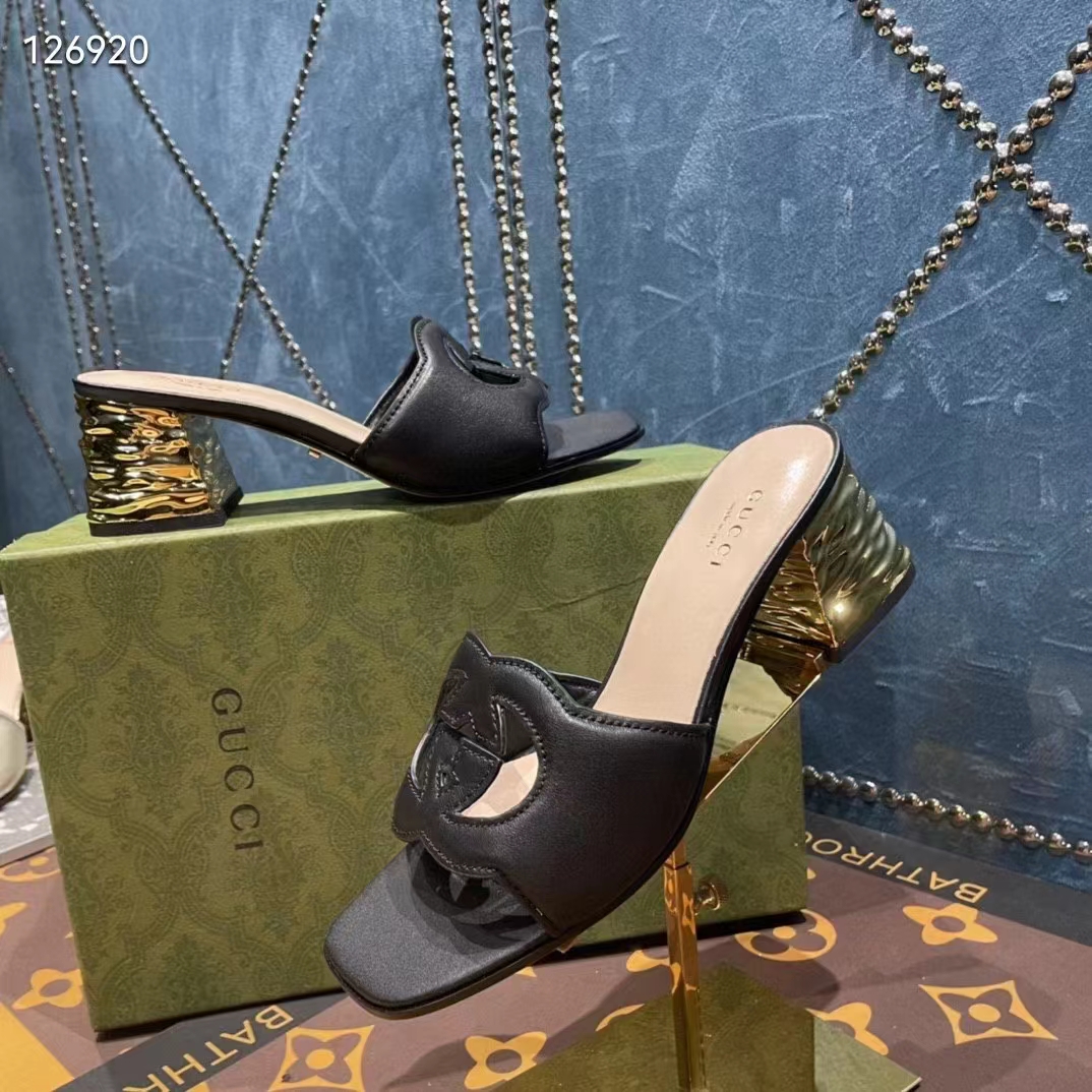 Gucci Women Interlocking G Cut-Out Sandal Black Leather Mid-Heel 5 cm Heel