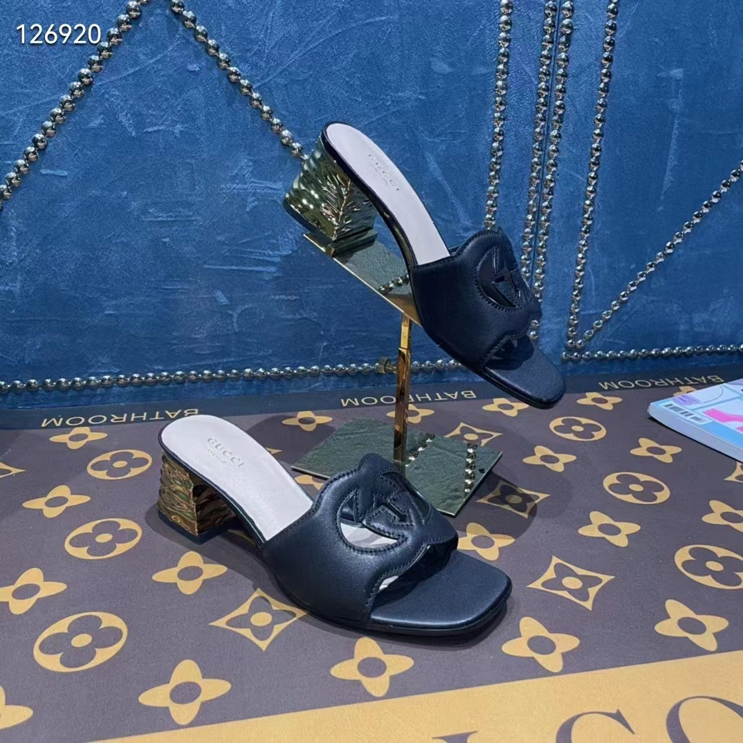 Gucci Women Interlocking G Cut-Out Sandal Black Leather Mid-Heel 5 cm Heel