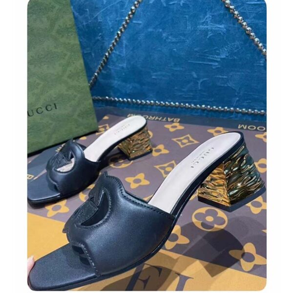 Gucci Unisex Interlocking G Cut-Out Sandal Black Leather Mid-Heel 5 cm Heel (4)