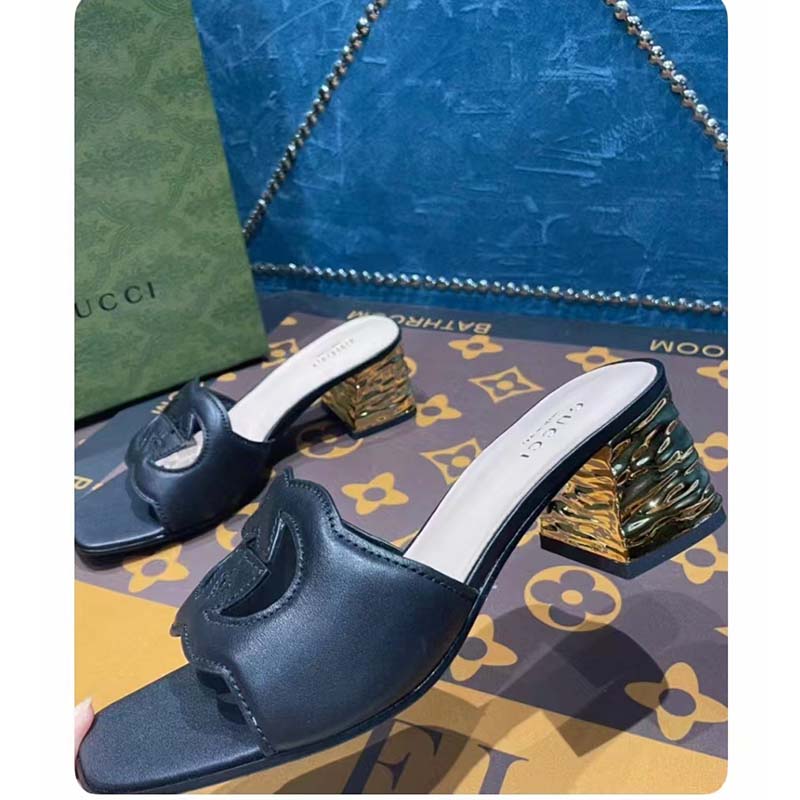 Gucci Women Interlocking G Cut-Out Sandal Black Leather Mid-Heel 5 cm Heel