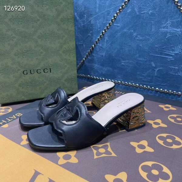 Gucci Unisex Interlocking G Cut-Out Sandal Black Leather Mid-Heel 5 cm Heel (5)