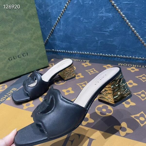 Gucci Unisex Interlocking G Cut-Out Sandal Black Leather Mid-Heel 5 cm Heel (6)