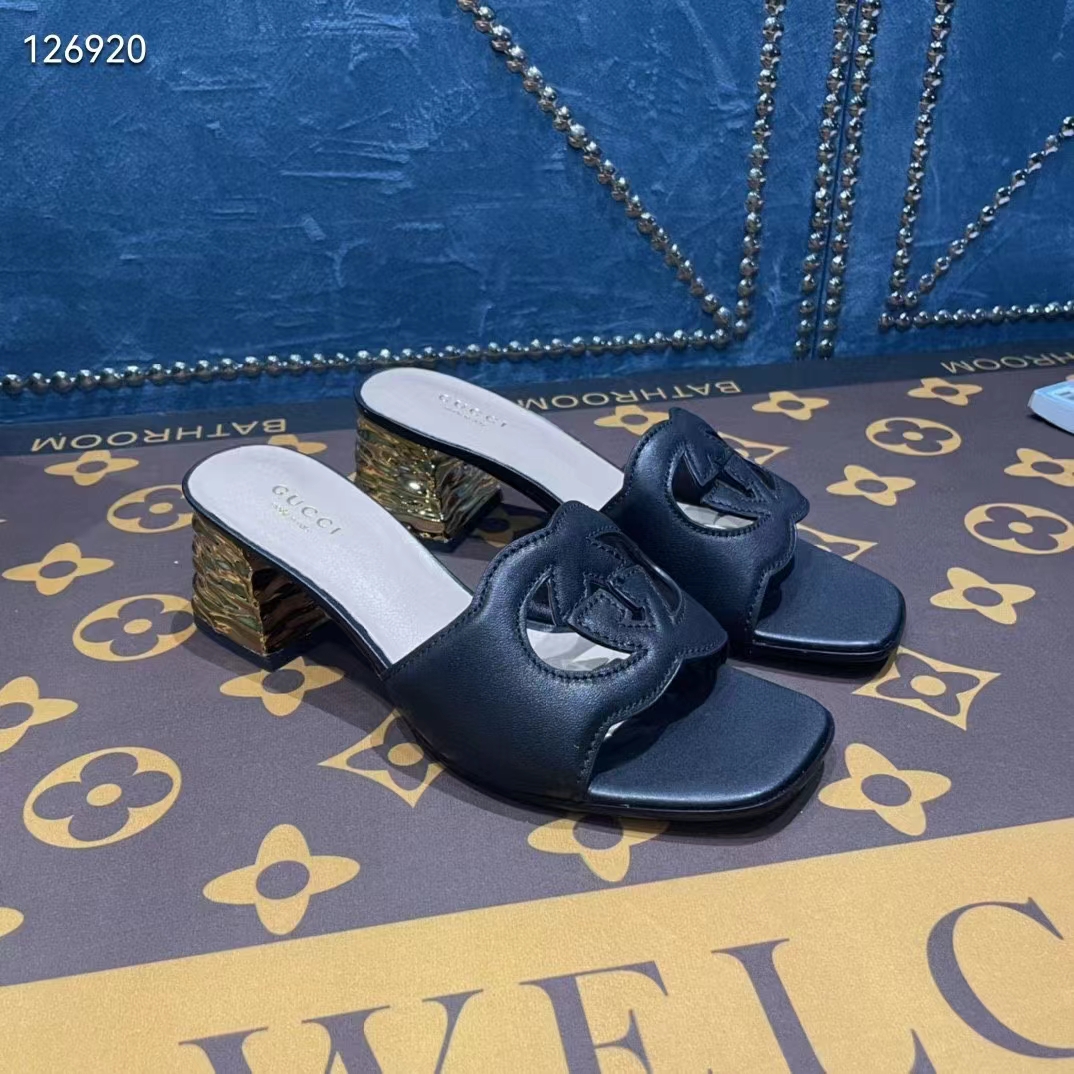 Gucci Women Interlocking G Cut-Out Sandal Black Leather Mid-Heel 5 cm Heel