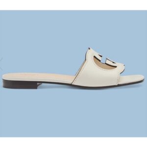 Gucci Unisex Interlocking G Cut-Out Slide Sandals White Leather Flat 1 cm Heel