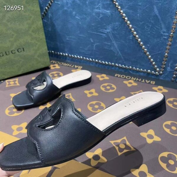 Gucci Unisex Interlocking G Slide Sandals Black Leather Cut-Out Flat (1)