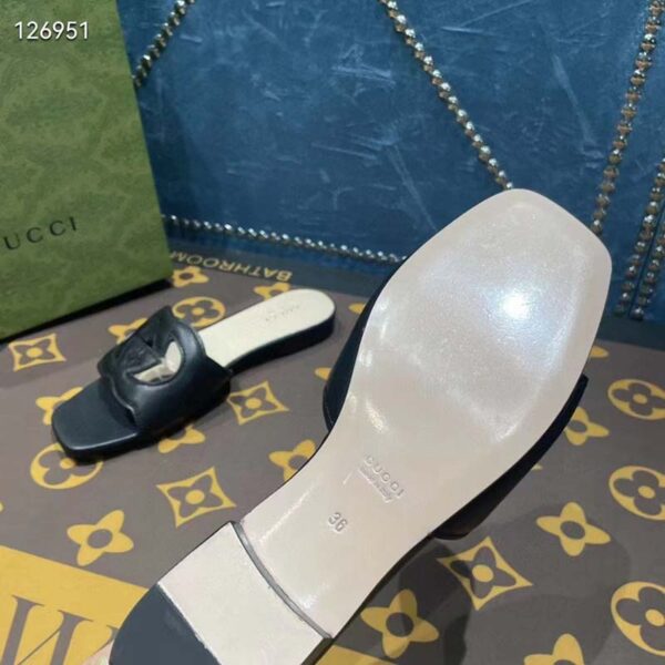Gucci Unisex Interlocking G Slide Sandals Black Leather Cut-Out Flat (10)