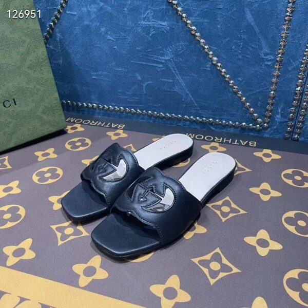 Gucci Unisex Interlocking G Slide Sandals Black Leather Cut-Out Flat (11)
