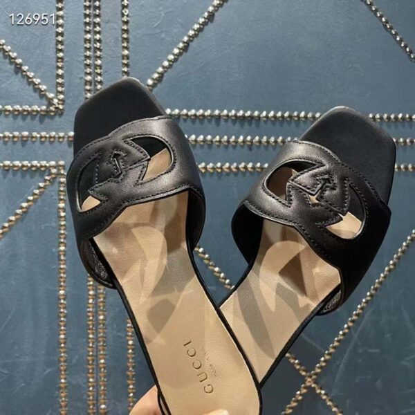 Gucci Unisex Interlocking G Slide Sandals Black Leather Cut-Out Flat (2)