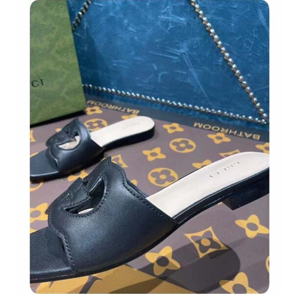 Gucci Unisex Interlocking G Slide Sandals Black Leather Cut-Out Flat (3)
