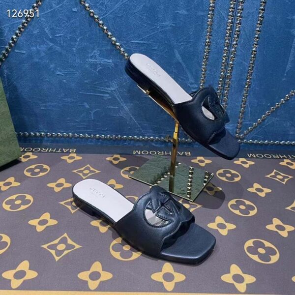 Gucci Unisex Interlocking G Slide Sandals Black Leather Cut-Out Flat (4)