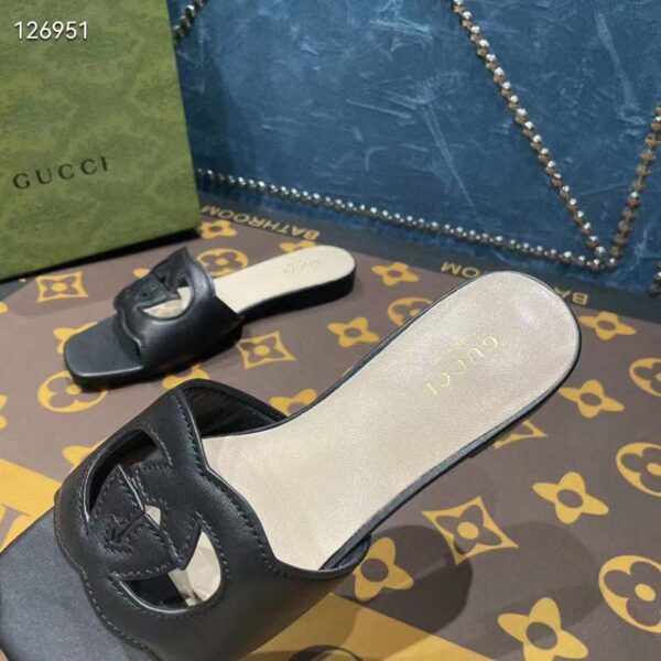 Gucci Unisex Interlocking G Slide Sandals Black Leather Cut-Out Flat (5)