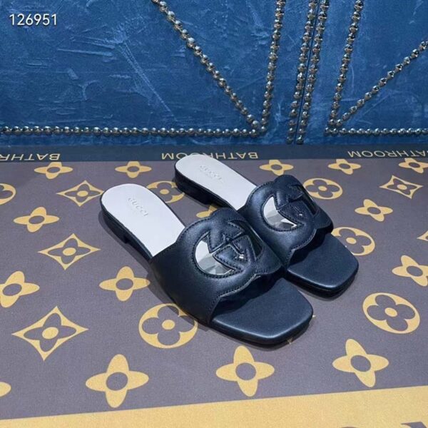 Gucci Unisex Interlocking G Slide Sandals Black Leather Cut-Out Flat (7)