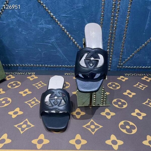 Gucci Unisex Interlocking G Slide Sandals Black Leather Cut-Out Flat (8)