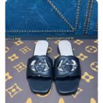 Gucci Unisex Interlocking G Slide Sandals Black Leather Cut-Out Flat - Image 3