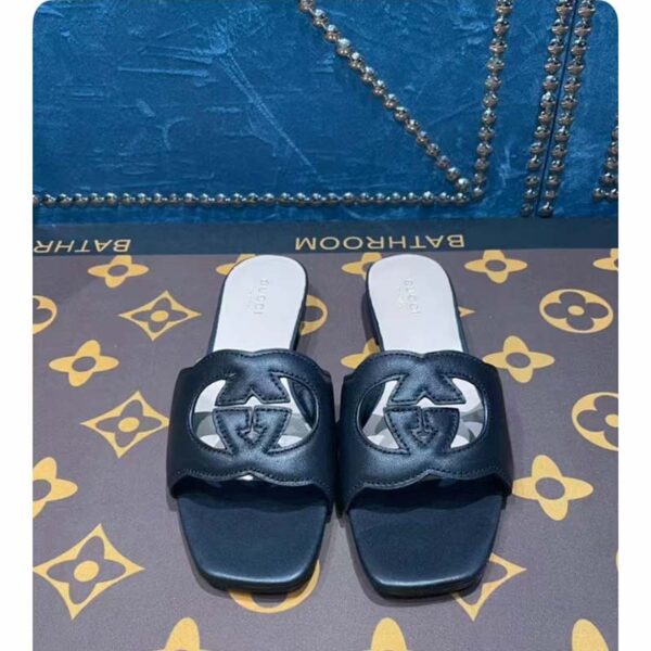 Gucci Unisex Interlocking G Slide Sandals Black Leather Cut-Out Flat (9)