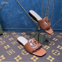 Gucci Unisex Interlocking G Slide Sandals Orange Leather Cut-Out Flat