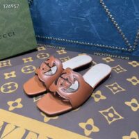 Gucci Unisex Interlocking G Slide Sandals Orange Leather Cut-Out Flat