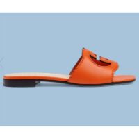 Gucci Unisex Interlocking G Slide Sandals Orange Leather Cut-Out Flat