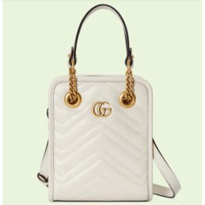 Gucci Women GG Marmont Matelassé Mini Bag White Chevron Leather Double G