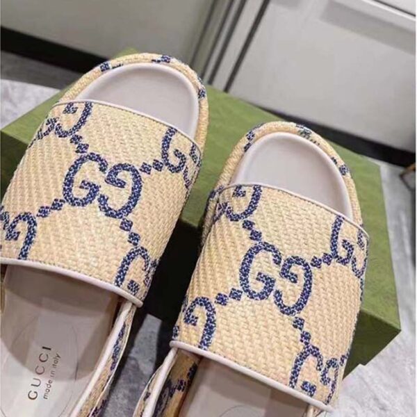 Gucci Women GG Platform Sandal Beige Light Blue GG Raffia Effect Fabric (5)