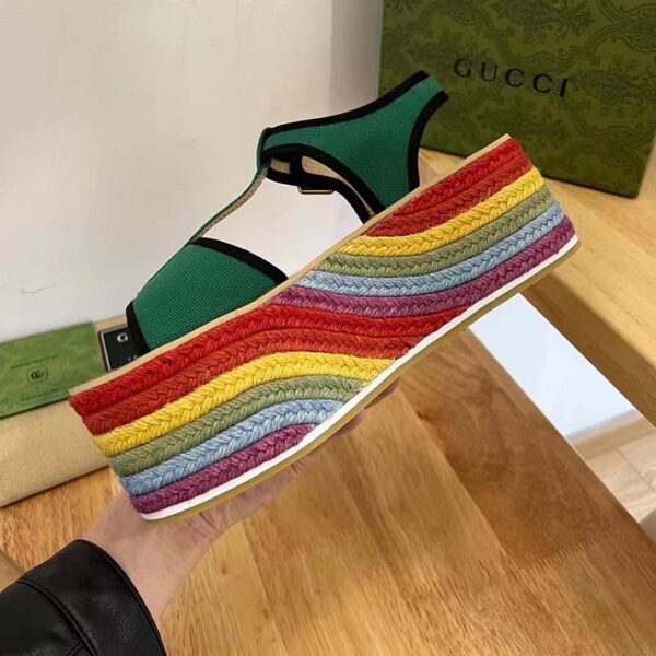 Gucci Women GG Platform Sandals Green Cotton Double G Embroidery 7 Cm Heel (1)