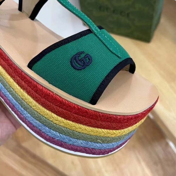 Gucci Women GG Platform Sandals Green Cotton Double G Embroidery 7 Cm Heel (2)