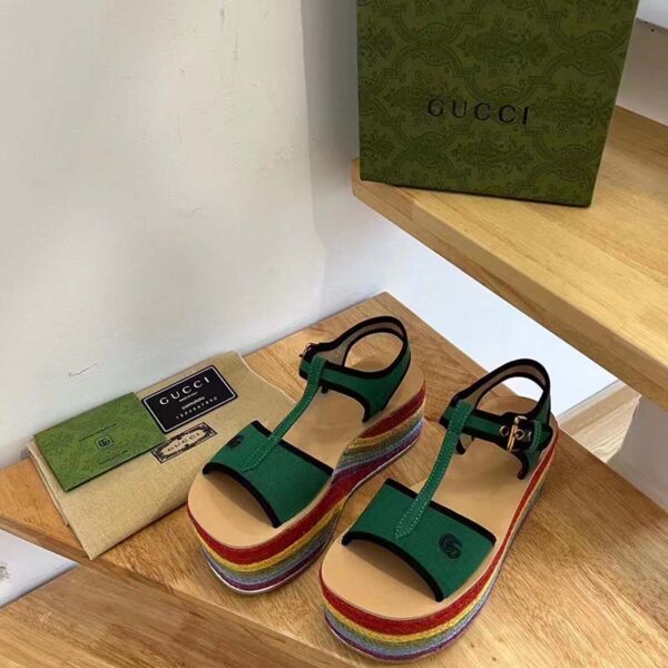 Gucci Women GG Platform Sandals Green Cotton Double G Embroidery 7 Cm Heel (3)