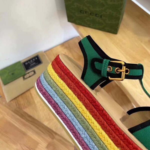 Gucci Women GG Platform Sandals Green Cotton Double G Embroidery 7 Cm Heel (4)