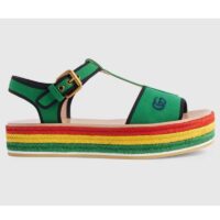 Gucci Women GG Platform Sandals Green Cotton Double G Embroidery 7 Cm Heel (5)