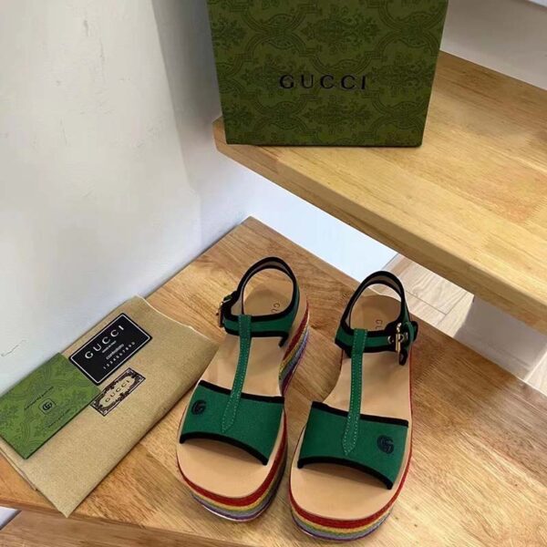 Gucci Women GG Platform Sandals Green Cotton Double G Embroidery 7 Cm Heel (6)