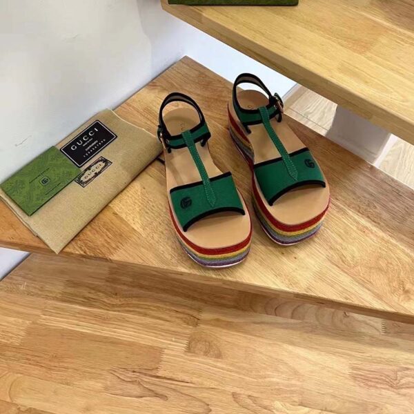Gucci Women GG Platform Sandals Green Cotton Double G Embroidery 7 Cm Heel (8)