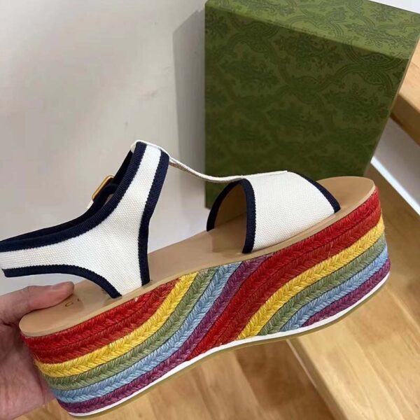 Gucci Women GG Platform Sandals White Cotton Double G Embroidery 7 Cm Heel (1)
