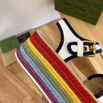 Gucci Women GG Platform Sandals White Cotton Double G Embroidery 7 Cm Heel - Bild 9