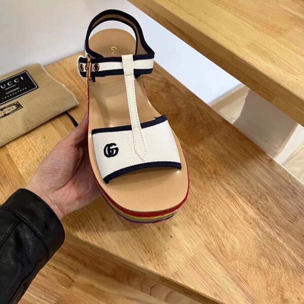 Gucci Women GG Platform Sandals White Cotton Double G Embroidery 7 Cm Heel (3)