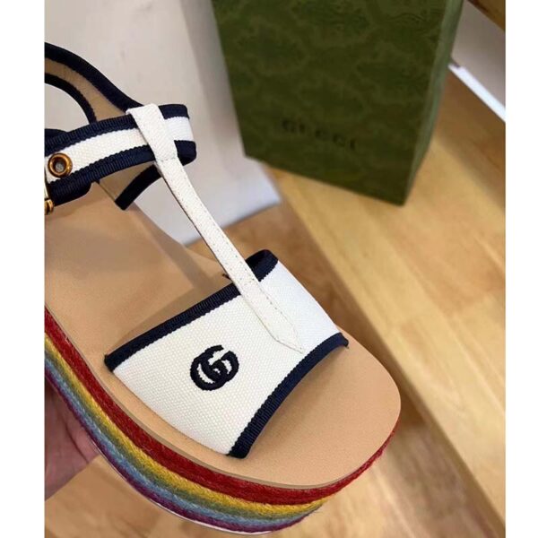 Gucci Women GG Platform Sandals White Cotton Double G Embroidery 7 Cm Heel (5)