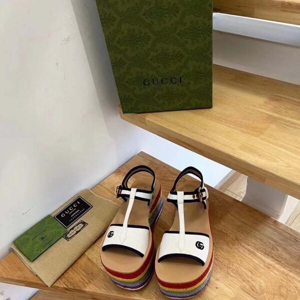 Gucci Women GG Platform Sandals White Cotton Double G Embroidery 7 Cm Heel (7)
