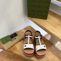 Gucci Women GG Platform Sandals White Cotton Double G Embroidery 7 Cm Heel (4)
