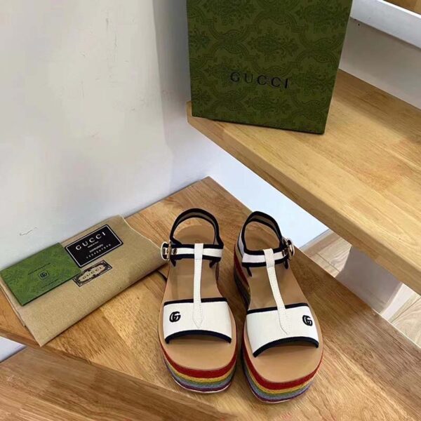 Gucci Women GG Platform Sandals White Cotton Double G Embroidery 7 Cm Heel (9)