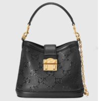 Gucci Women GG Small GG Shoulder Bag Black Debossed Leather Double G (4)