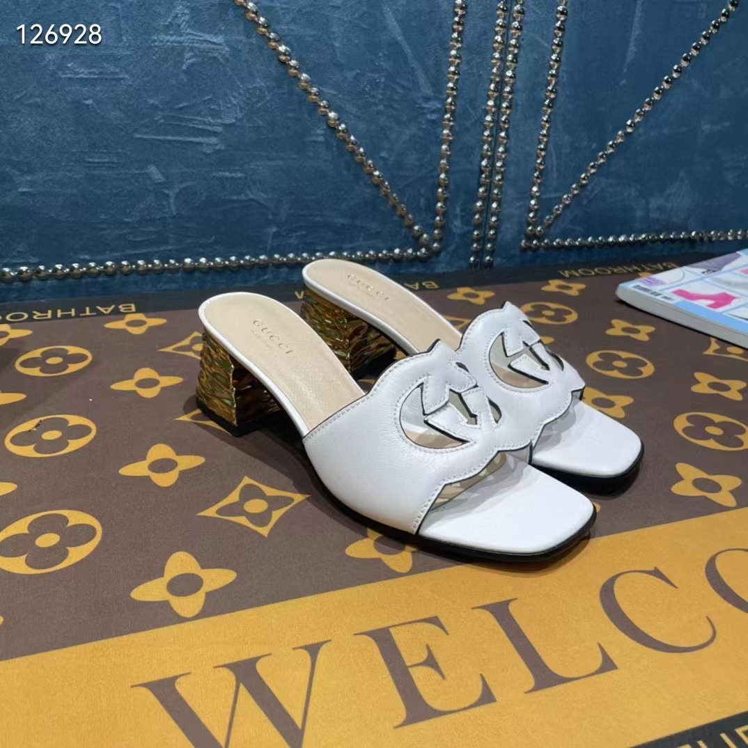 Gucci Women Interlocking G Cut-Out Sandal White Leather Mid-Heel 5 cm Heel