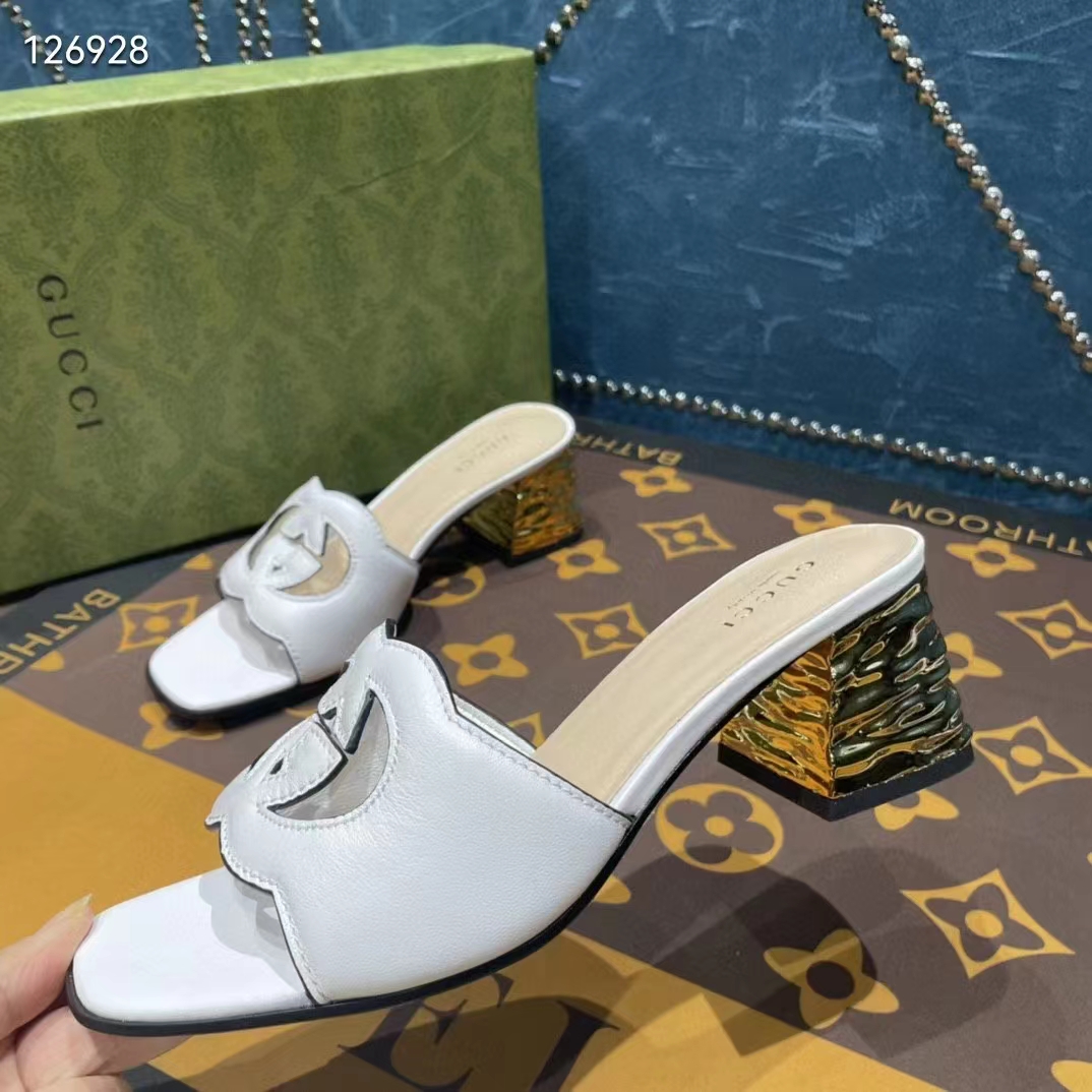 Gucci Women Interlocking G Cut-Out Sandal White Leather Mid-Heel 5 cm Heel