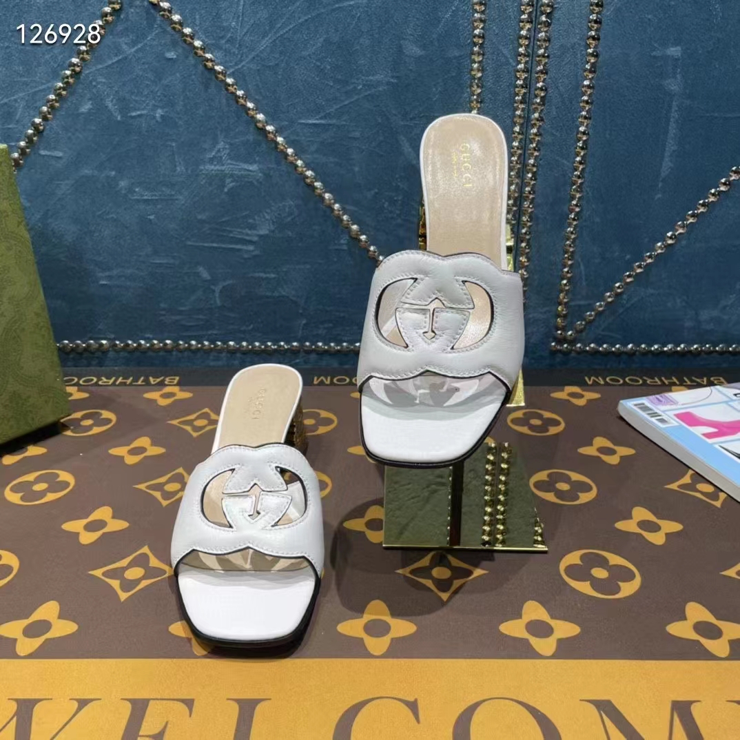 Gucci Women Interlocking G Cut-Out Sandal White Leather Mid-Heel 5 cm Heel