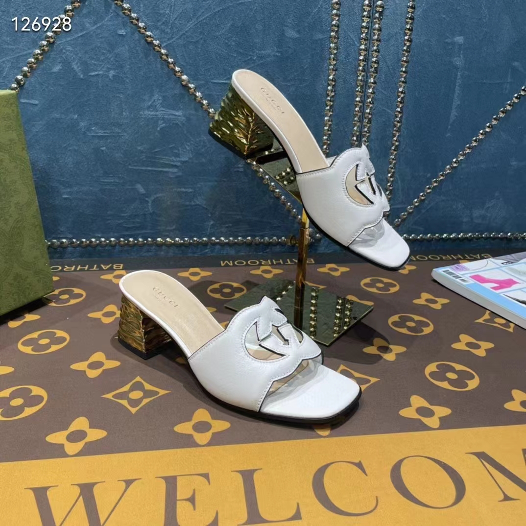 Gucci Women Interlocking G Cut-Out Sandal White Leather Mid-Heel 5 cm Heel
