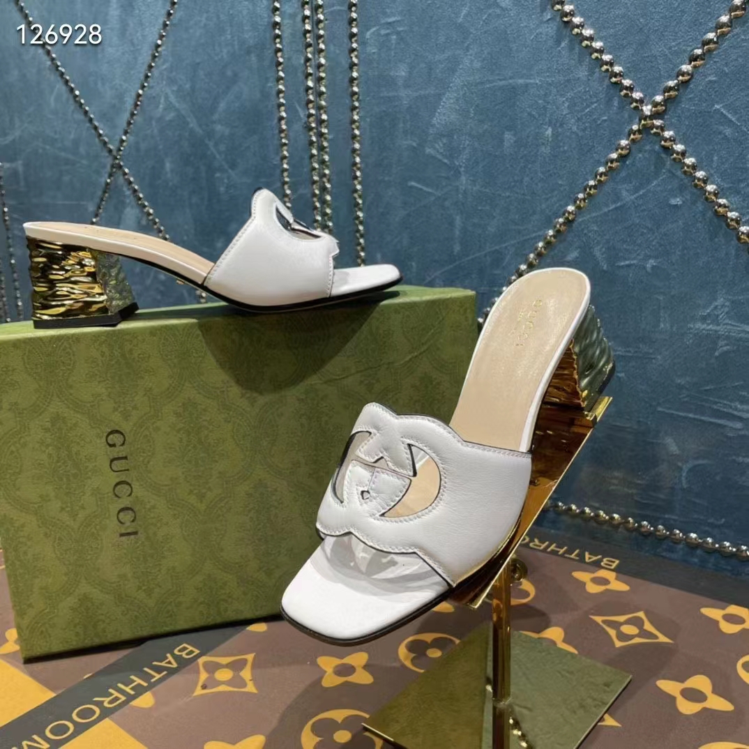 Gucci Women Interlocking G Cut-Out Sandal White Leather Mid-Heel 5 cm Heel