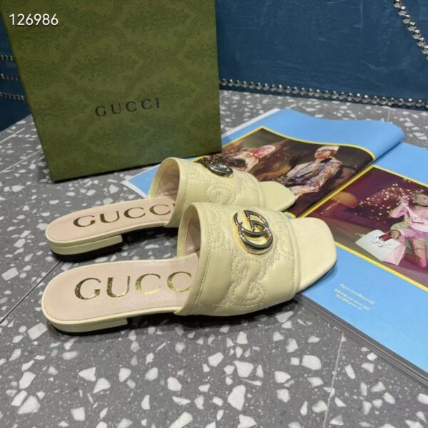 Gucci Women Matelassé Slide Sandal Beige GG Matelassé Leather Square Toe Flat (1)