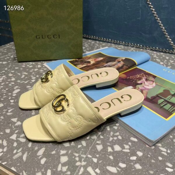 Gucci Women Matelassé Slide Sandal Beige GG Matelassé Leather Square Toe Flat (5)