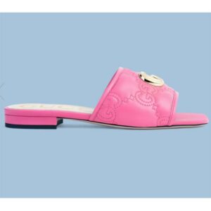 Gucci Women Matelassé Slide Sandal Pink GG Matelassé Leather Square Toe Flat