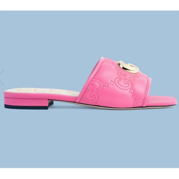 Gucci Women Matelassé Slide Sandal Pink GG Matelassé Leather Square Toe Flat (1)