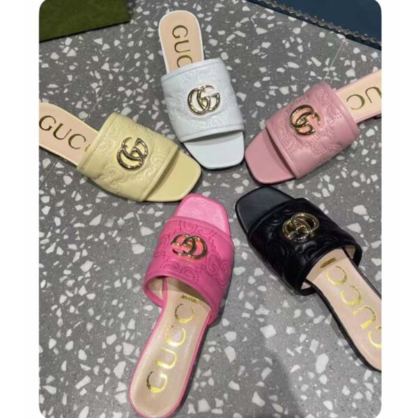 Gucci Women Matelassé Slide Sandal Pink GG Matelassé Leather Square Toe Flat (10)